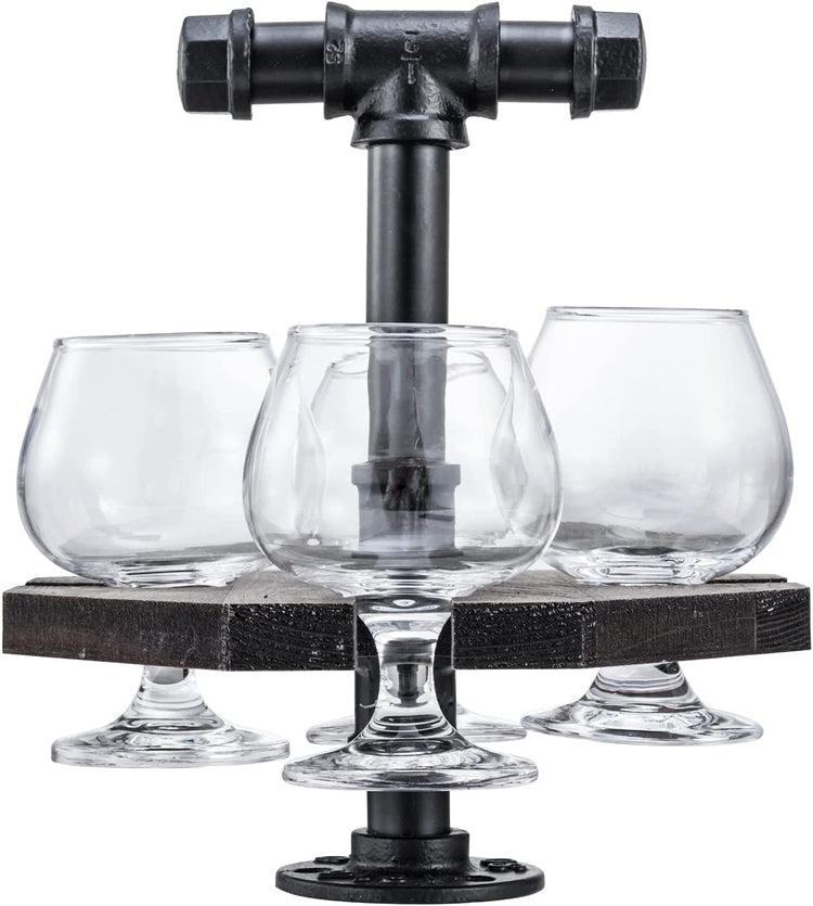 Industrial Pipe and Weathered Gray Wood Beer, Whiskey Flight Set with 4 Glasses-MyGift