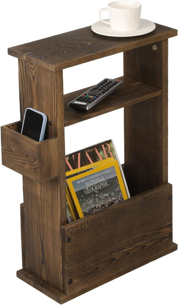 Burnt Wood End Table with Magazine Holder, Storage Display Shelf and Remote Control Holder Rack-MyGift