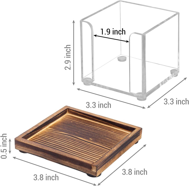Desktop Clear Acrylic Sticky Note Holder, Memo Pad Storage with Removable Rustic Burnt Solid Wood Tray-MyGift