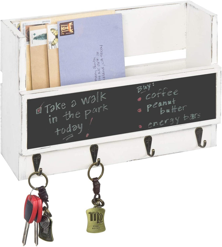 White Wood Wall Mounted Entryway Rack w/ Chalkboard-MyGift