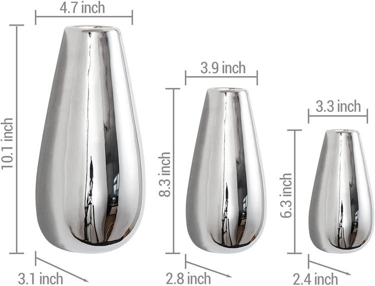 Set of 3, Wall Mounted Flower Vases, Silver Ceramic Oval Teardrop Shaped Plant Holders-MyGift