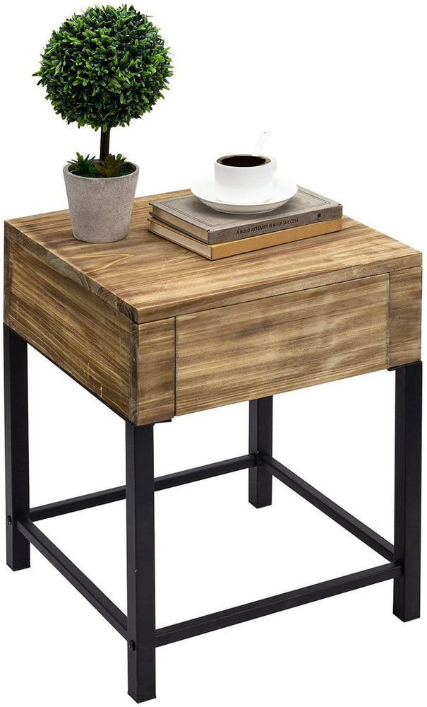 Brown Wood and Black Metal Bedside Nightstand, End Table, Side Table with Pull-Out Drawer-MyGift