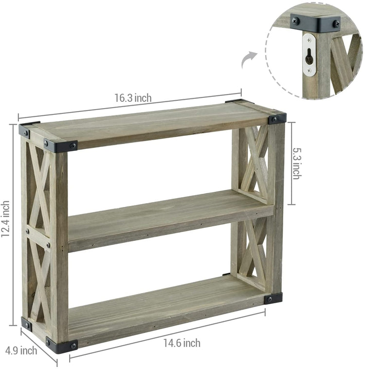 Wall Mounted Kitchen Open Shelving, 3 Tier X-Cross Gray Brown Wood Floating Shelves with Black Metal Corner Wraps-MyGift
