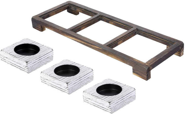 4 Piece, Candle Centerpiece with Whitewashed Wood and Matte Black Metal Pillar Candleholder Set with Burnt Wood Tray-MyGift
