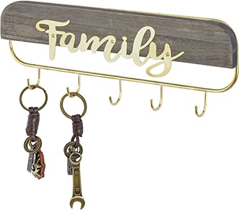 Wall Mounted Key Hooks with Family Word Cutout, Key Holder with Weathered Gray Wood and Brass Tone Metal Wire-MyGift