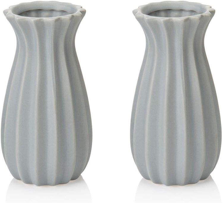 Set of 2, 7-inch Matte Gray Tulip Design Ribbed Ceramic Flower Vases-MyGift