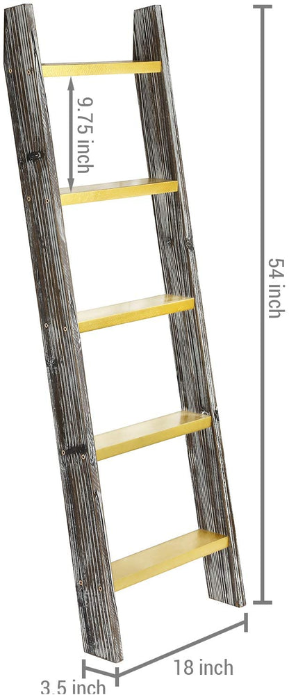 Torched Wood and Gold Tone Display Shelves, Wall Leaning Ladder Style Towel and Blanket Rack-MyGift