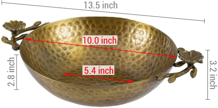 Brass Tone Hammered Metal Fruit Bowl with Floral Shaped Handles, Tabletop Centerpiece Tray Serving Platter Dish-MyGift
