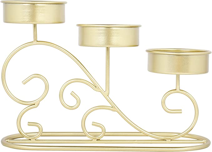 Tabletop Tiered Brass Tone Metal Pillar Candle Holder with Vintage Scrollwork Design-MyGift