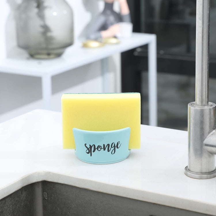 Aqua Blue Ceramic Sponge Holder, Kitchen Sink Countertop Sponge Dish with Cursive Print-MyGift