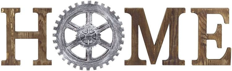 Rustic Burnt Wood Wall Mounted HOME Letter Sign with Industrial Gear Decoration-MyGift
