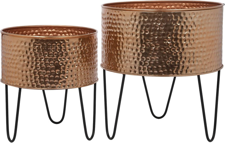 Set of 2, Hammered Style Copper Tone Galvanized Metal Planter Pots with Matte Black Metal Wire Stand-MyGift