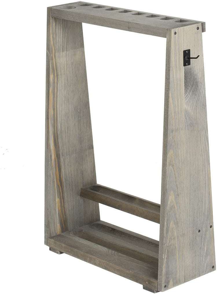 Freestanding Billiards Storage Rack, Gray Wood Floor Standing Pool Cue Holder, Ball Storage, Triangle Rack Hanging Hook-MyGift