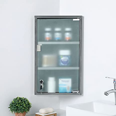 Stainless Steel Silver Corner Mount Medicine Cabinet with 3 Storage Shelf, Locking Frosted Glass Door and Keys-MyGift