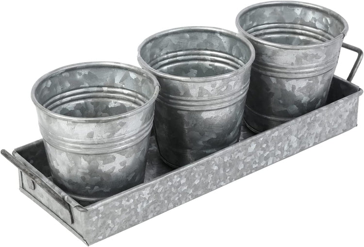 4 Piece Set Galvanized Metal Planter Buckets Small Succulent Plant Pots and Removable Display Tray with Handles-MyGift