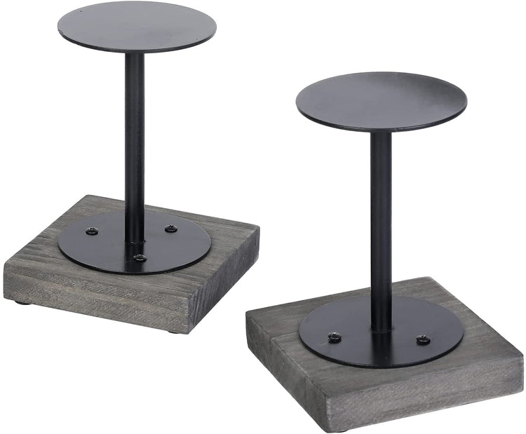 Set of 2, Candlestick Holder, Vintage Gray Wood and Metal Tabletop Pedestal Style Candle Stands-MyGift