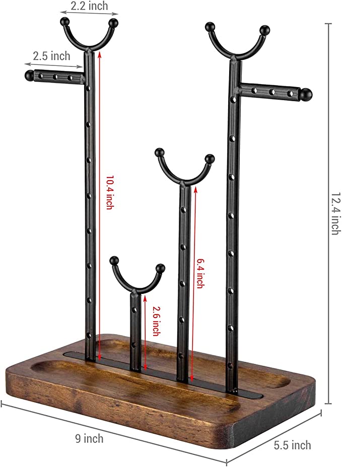 Dark Brown Coffee Tone Jewelry Organizer Stand, Metal Necklace Hanger and Earring Storage with Wooden Ring Tray Base-MyGift