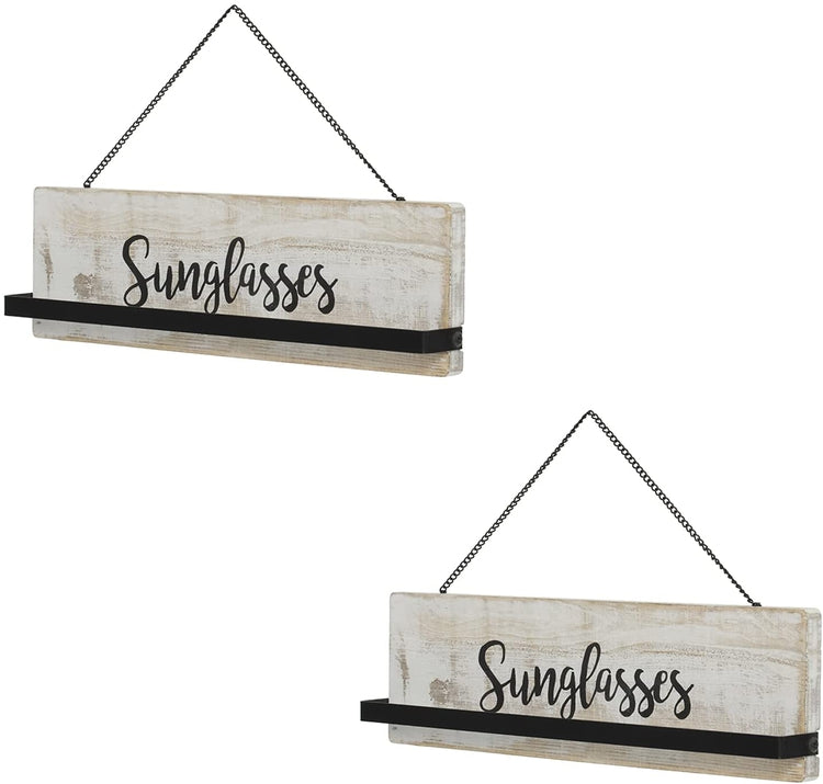 Set of 2, Whitewashed Wood Wall Mounted Sunglasses Holder Eyewear Hanging Display Rack with Cursive Sunglasses Lettering-MyGift