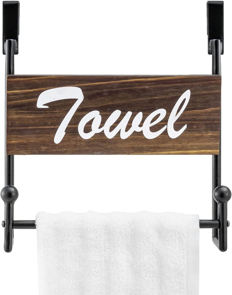 Industrial Matte Black Metal Over Cabinet Door Hand Towel Bar Holder with Burnt Wood Cursive "Towel" Sign-MyGift