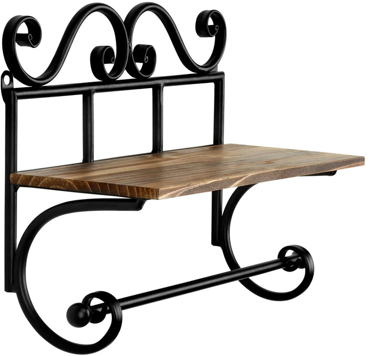 Rustic Burnt Wood Storage Shelf with Black Metal Vintage Scrollwork Design & Paper Towel Roll Holder-MyGift