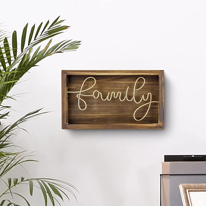 Burnt Solid Wood Framed Wall Art Sign with Brass Tone Metal Wire Cursive Family Word Sign-MyGift