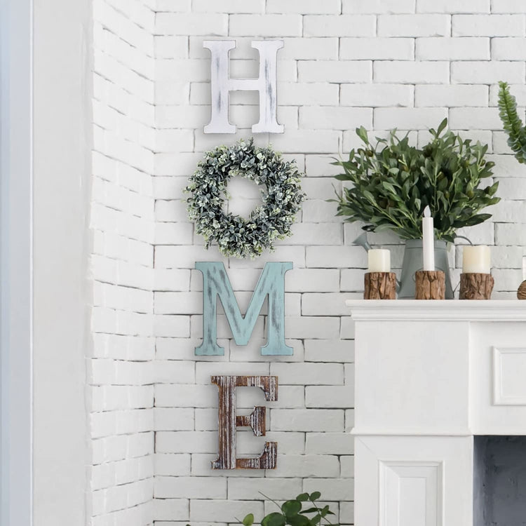 Home Sign Wall Decor Home Letters for Wall with Artificial Boxwood Wreath, Wood Individual Cutout Letters-MyGift