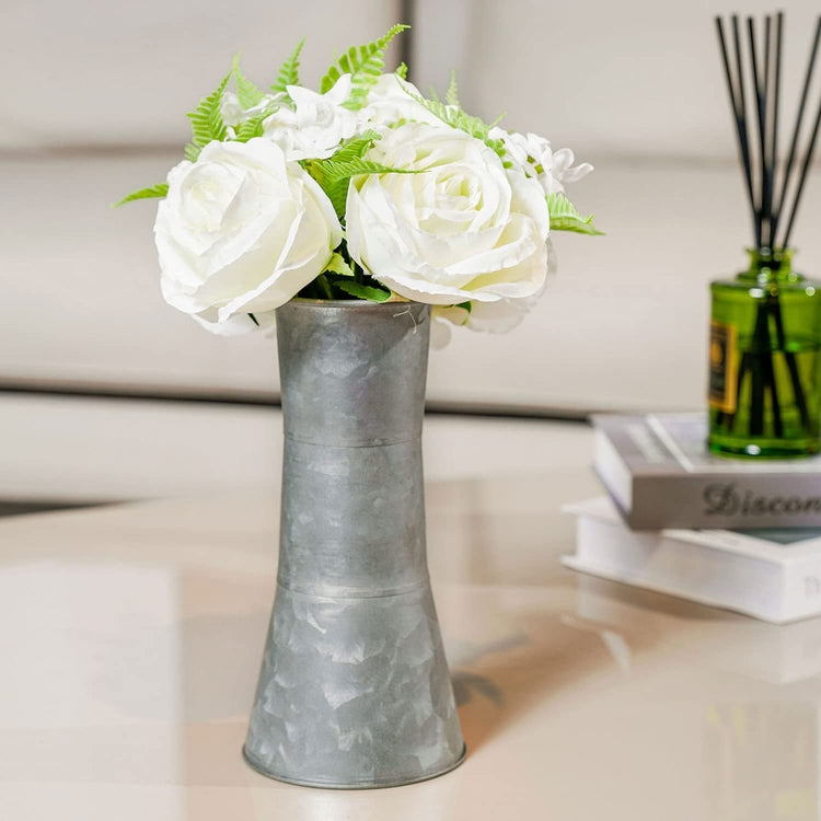White Faux Roses Artificial Flower Bouquet Arrangement in Rustic Galvanized Metal Vase-MyGift