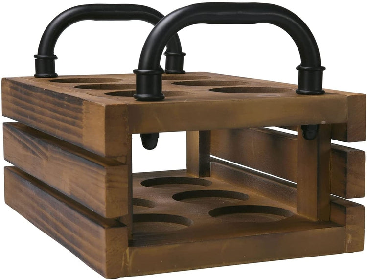 Crate Style Burnt Wood and Black Metal Beer Bottle Server Caddy, Beverage Carrier with Handles-MyGift