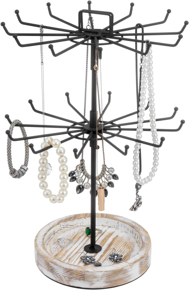 Rotating Tiered Jewelry Tree in Black Metal with Whitewashed Wood Base, Spinning Necklace Tower Display Stand-MyGift