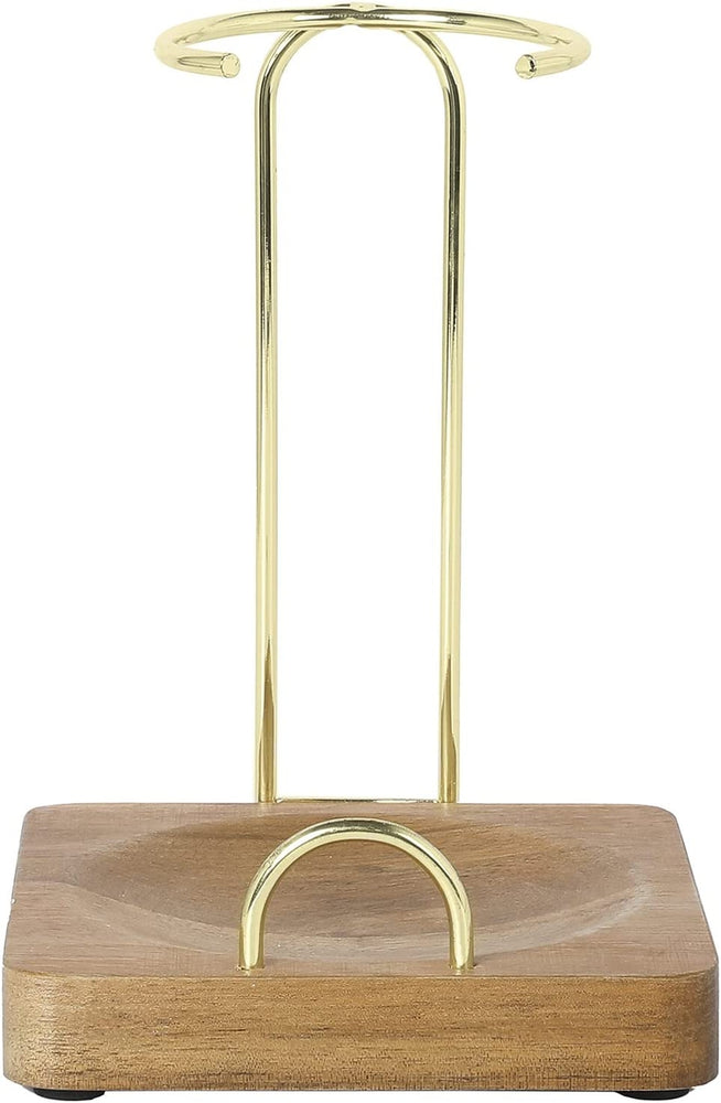 Upright Spoon Rest, Acacia Wood and Brass Tone Metal Wire Vertical Standing Ladle Holder-MyGift