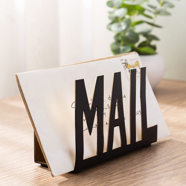 Metal Desktop Mail Holder, Office Desk Letter Sorter Organizer with MAIL Cutout Design, Black and Gold-MyGift