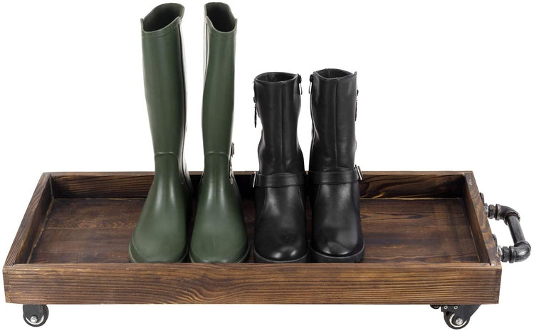 30-Inch Rustic Wood Rolling Boot Tray with Metal Pipe Handles-MyGift