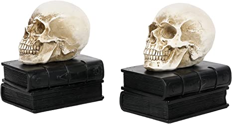 Skull on Black Stacked Books Bookends, Resin Skeleton Human Head Statue Halloween Décor-MyGift