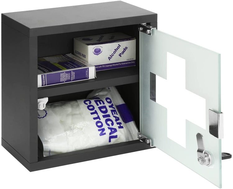 Wall Mounted Medicine Cabinet Organizer, Black Metal First Aid Supplies Storage Box with Locking Frosted Glass Door-MyGift