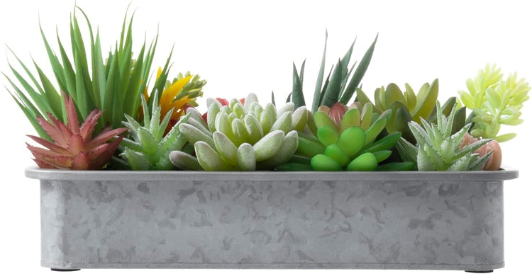 Artificial Assorted Succulents in Rectangular Galvanized Metal Window Box Style Planter, Tabletop Faux Plant Centerpiece-MyGift