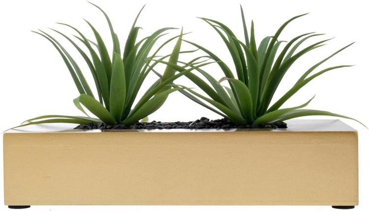 Artificial Green Grass Plants in Brass Tone Wood Decorative Planter Pot, Tabletop Plant Container-MyGift