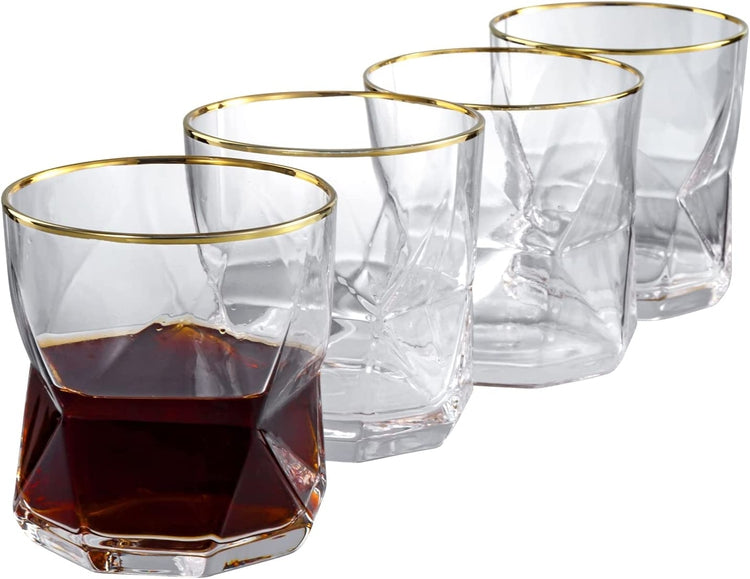 Set of 4, Geometric Shape Design Gold-tone Rimmed Whiskey Tumbler Glasses-MyGift