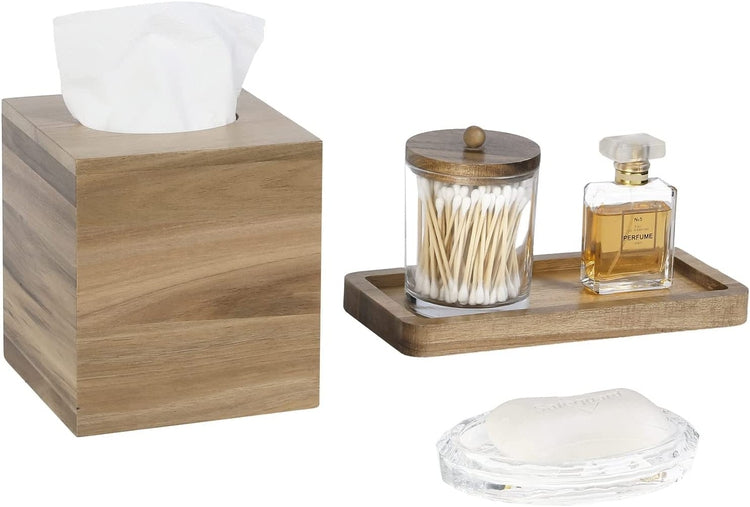 5 Piece Bathroom Vanity Set with Acacia Wood Tissue Box Cover, Tray, Oval Glass Soap Dish, and Cotton Swab Canister-MyGift