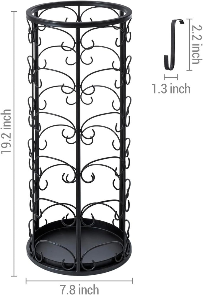 Black Metal Umbrella Stand with Decorative Vintage Scrollwork, Freestanding or Walking Stick Holder Rack with 3 Hanger Hooks for Compact Travel Umbrellas-MyGift