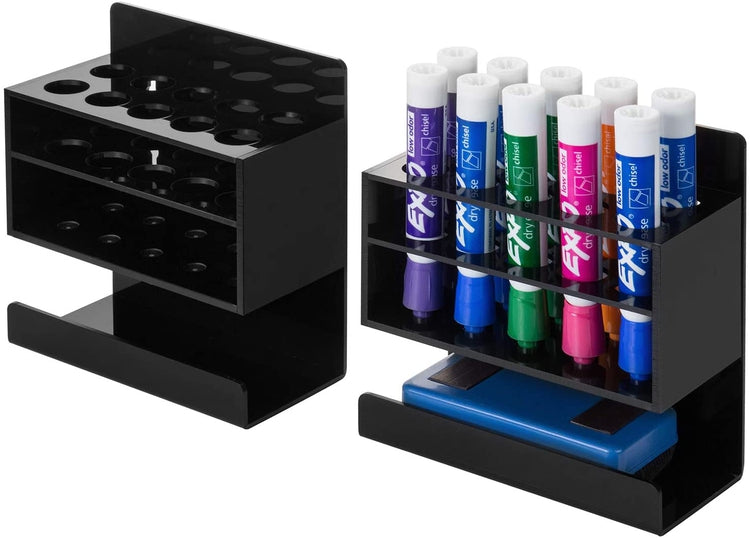 Set of 2, 2-Tier Black Acrylic Wall Mounted 10 Slot Dry Erase Whiteboard Marker and Eraser Holder-MyGift