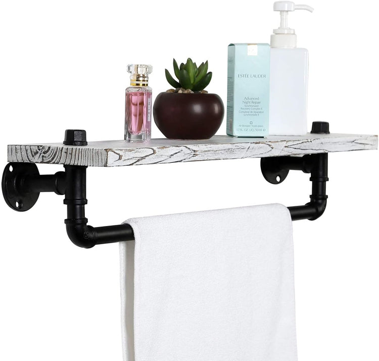 Whitewashed Wood and Industrial Pipe Wall Mounted Floating Display Storage Shelf with Hanging Towel Bar-MyGift