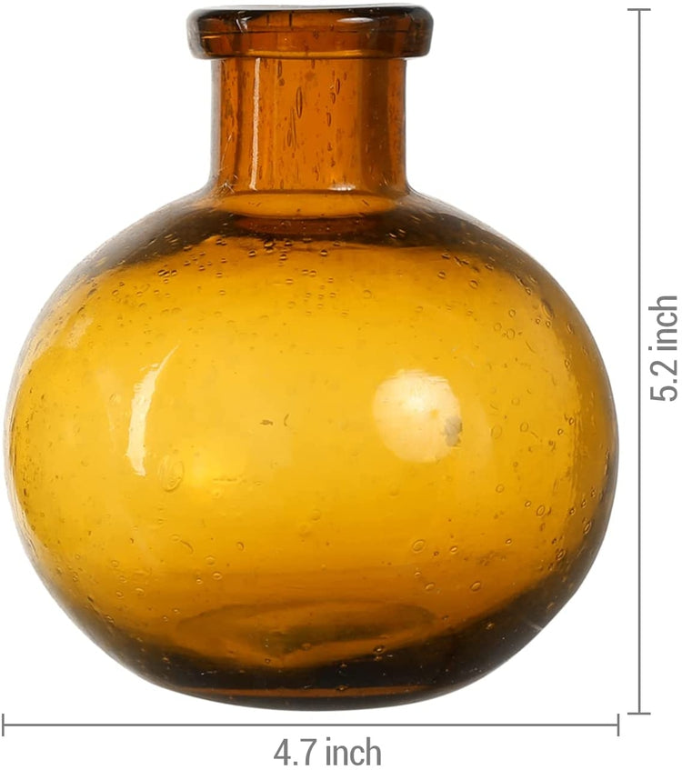 Set of 2, 5 inch Mid-Century Modern Amber Tinted Bulb Glass Decorative Diffuser Bottles, Flower Bud Vases-MyGift