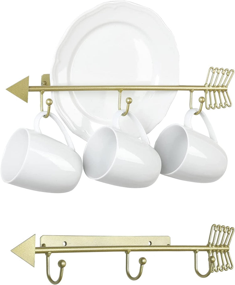 Set of 2, Brass Tone Metal Arrow Wall Mounted Plate Holder Saucer Display Rack with 3 Hooks-MyGift
