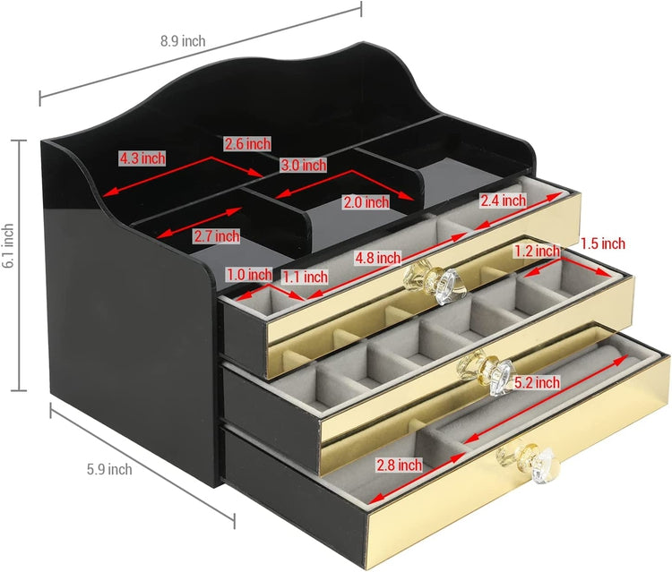 Glass Jewelry Box, 4-Drawer Black Metal and Clear Jewelry Storage Orga –  MyGift