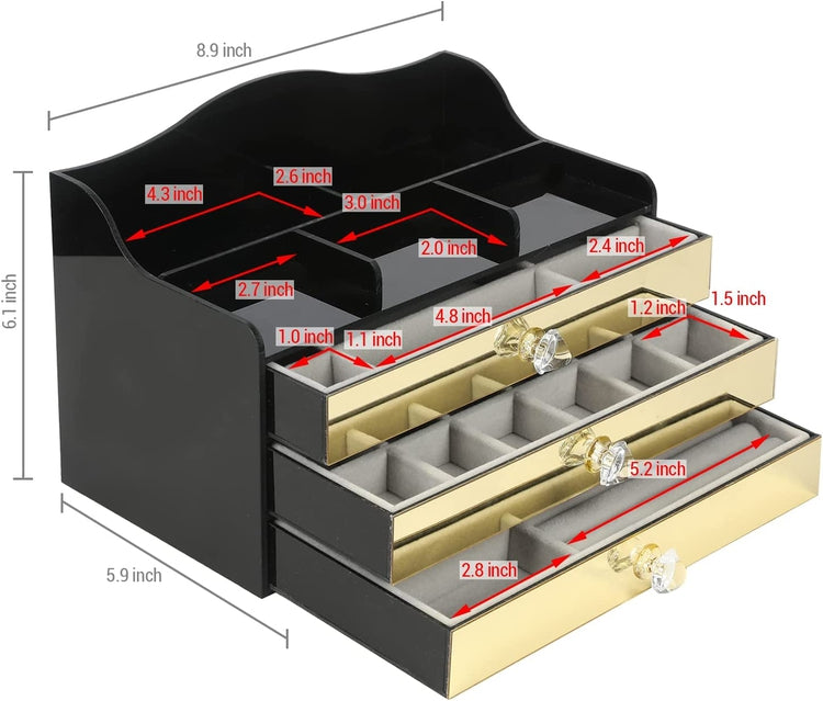 Black Acrylic Jewelry Box, Art Deco Mirrored Brass Tone Storage Drawer Organizer with Velvet Jewelry Tray Liners-MyGift