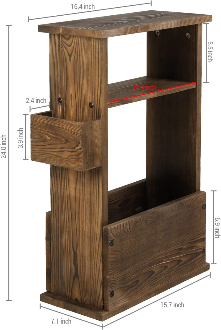 Burnt Wood End Table with Magazine Holder, Storage Display Shelf and Remote Control Holder Rack-MyGift