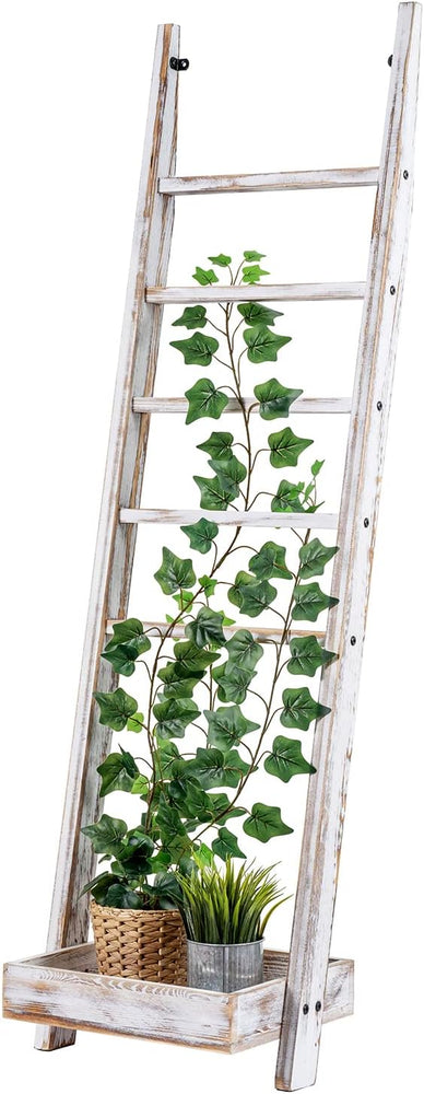 4.5 Foot White Wood Standing Ladder Style, Plant Stand Trellis with Garden Tray-MyGift