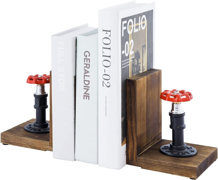 Industrial Decorative Bookends, Valve and Pipe Sculpture with L-Shaped Wood Tabletop Book Holder, 1 Pair-MyGift