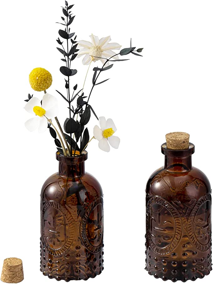 Set of 2 Amber Glass Diffuser Bottles with Cork Lid, Decorative Apothecary Embossed Flower Bud Vase-MyGift