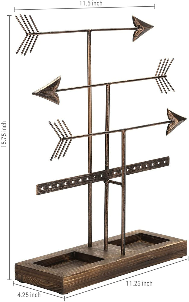 3 Tier Bronze Metal Arrows Design Jewelry Holder Rack, Earring and Necklace Tower with Burnt Wood Ring Dish Tray-MyGift